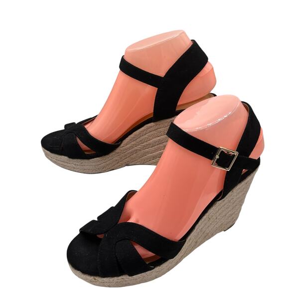 American Eagle Black Suede Upper Espadrille Wedges Sz 8 Sandal Career Vacation - Picture 2 of 5